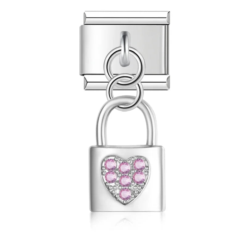 Sweet Heart Lock Moon Unicorn silver charms – silver heart-shaped padlock charm with clear CZ pave, Italian charm bracelet charm by Charmtastic