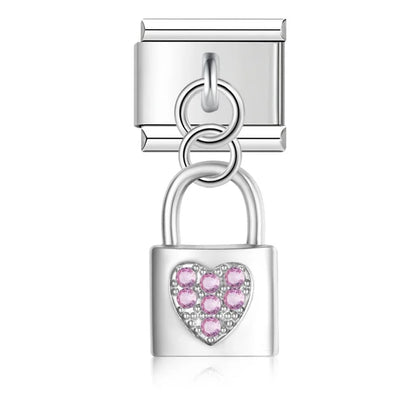 Sweet Heart Lock Moon Unicorn silver charms – silver heart-shaped padlock charm with clear CZ pave, Italian charm bracelet charm by Charmtastic