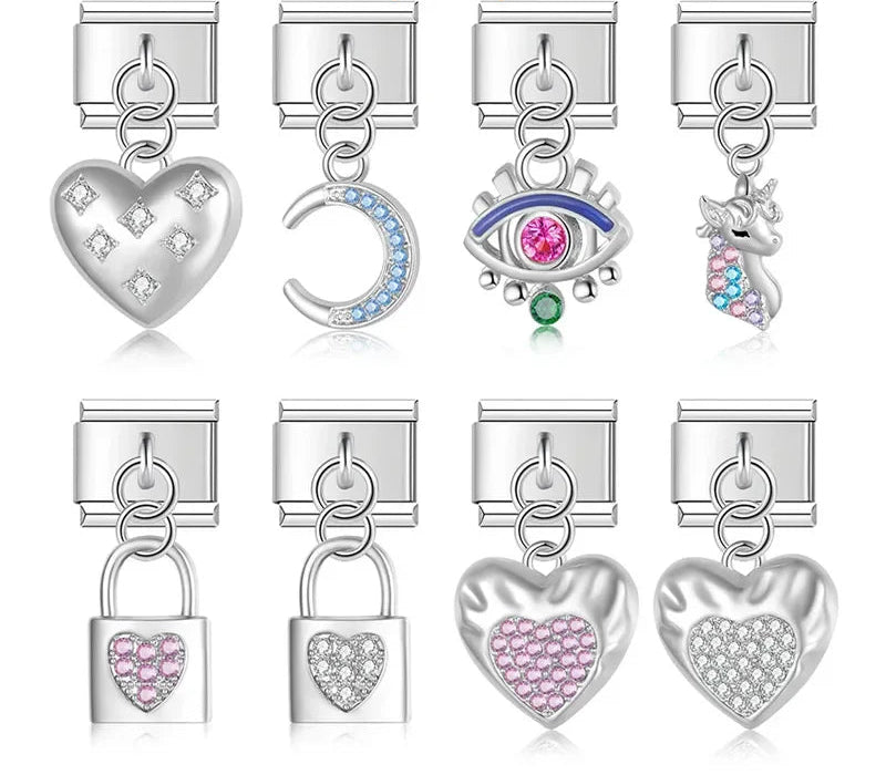 Sweet Heart Lock Moon Unicorn silver charms – assorted silver dangle charm set including puffy heart, crescent moon, evil eye, unicorn, and heart padlock designs, Italian charm bracelet charms by Charmtastic