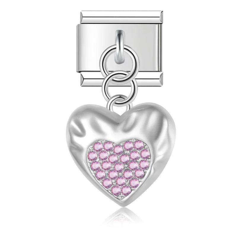 Sweet Heart Lock Moon Unicorn silver charms – silver puffy heart charm with pink CZ pave, Italian charm bracelet charm by Charmtastic