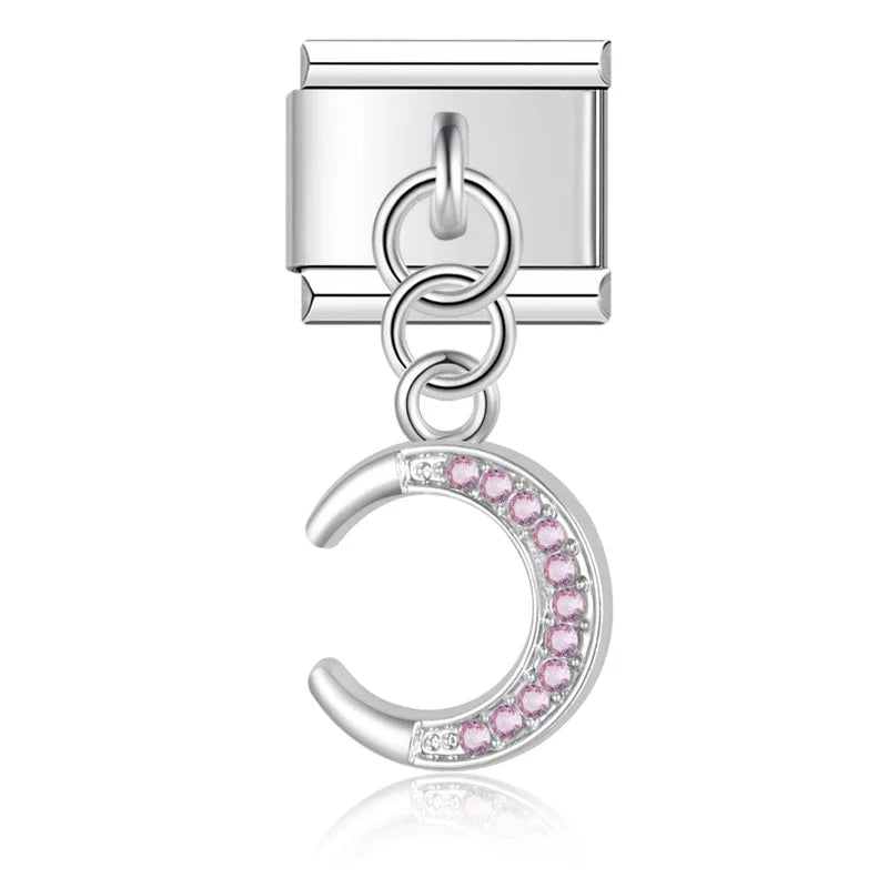 Sweet Heart Lock Moon Unicorn silver charms – silver crescent moon charm with pink CZ pave, Italian charm bracelet charm by Charmtastic