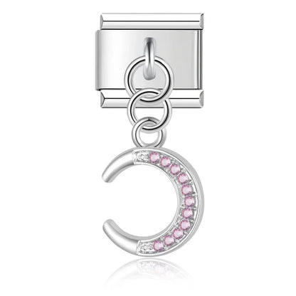 Sweet Heart Lock Moon Unicorn silver charms – silver crescent moon charm with pink CZ pave, Italian charm bracelet charm by Charmtastic