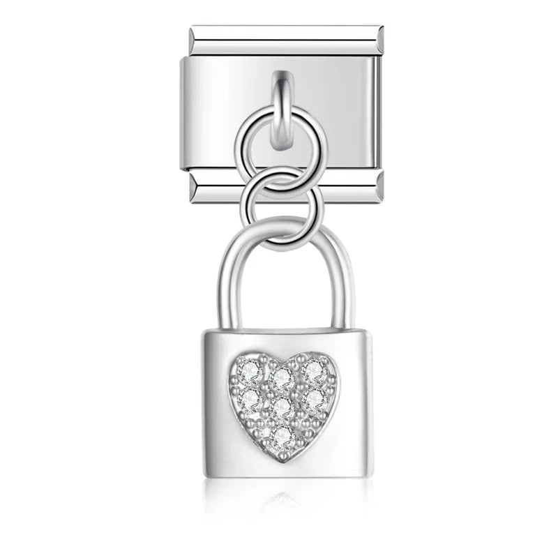 Sweet Heart Lock Moon Unicorn silver charms – silver heart-shaped padlock charm with pink CZ pave, Italian charm bracelet charm by Charmtastic