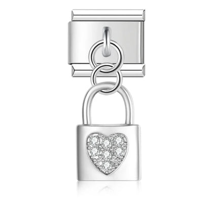 Sweet Heart Lock Moon Unicorn silver charms – silver heart-shaped padlock charm with pink CZ pave, Italian charm bracelet charm by Charmtastic