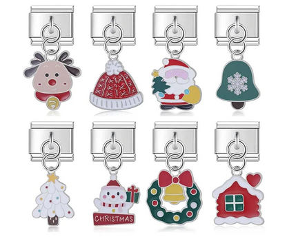 silver Italian charm bracelet links featuring colorful enamel Christmas dangles including a reindeer, winter hat, Santa Claus, bell, snowy tree, snowman, wreath, and holiday house