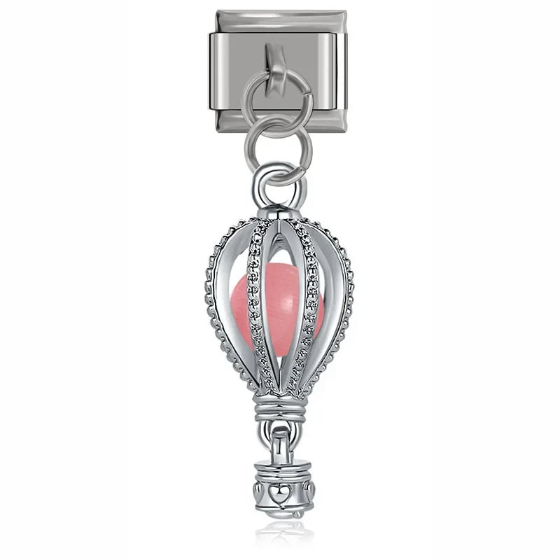 Silver pink hot air balloon dangle Italian charm, by Charmtastic