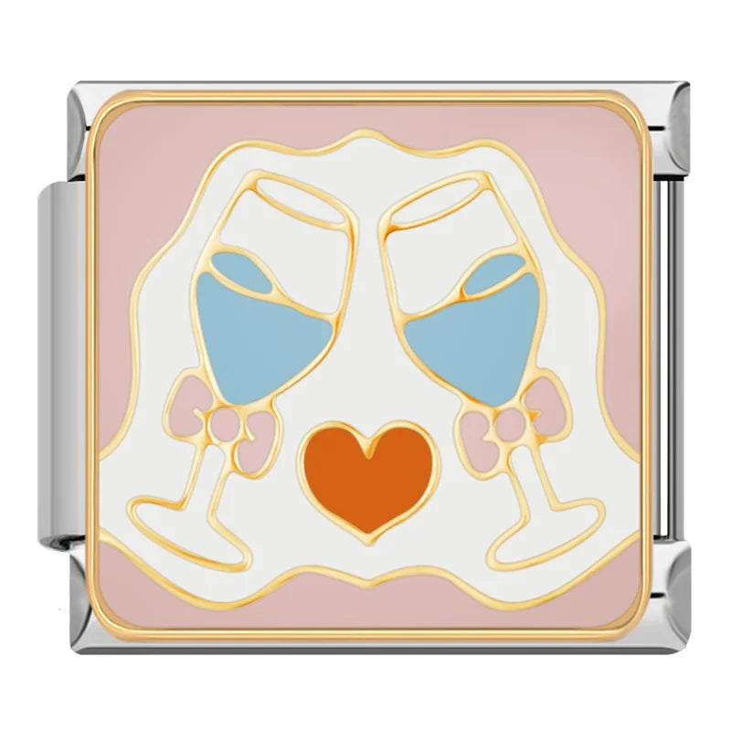 Sweet Romance & Valentine's Symbols Charms – two champagne glasses toasting with a heart enamel charm on pink background, Italian charm bracelet charm by Charmtastic