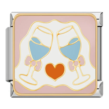 Sweet Romance & Valentine's Symbols Charms – two champagne glasses toasting with a heart enamel charm on pink background, Italian charm bracelet charm by Charmtastic