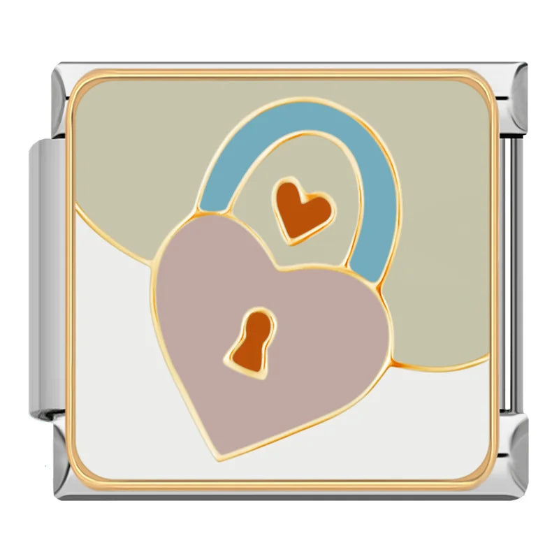 Sweet Romance & Valentine's Symbols Charms – pink heart-shaped padlock enamel charm with small heart keyhole detail, Italian charm bracelet charm by Charmtastic