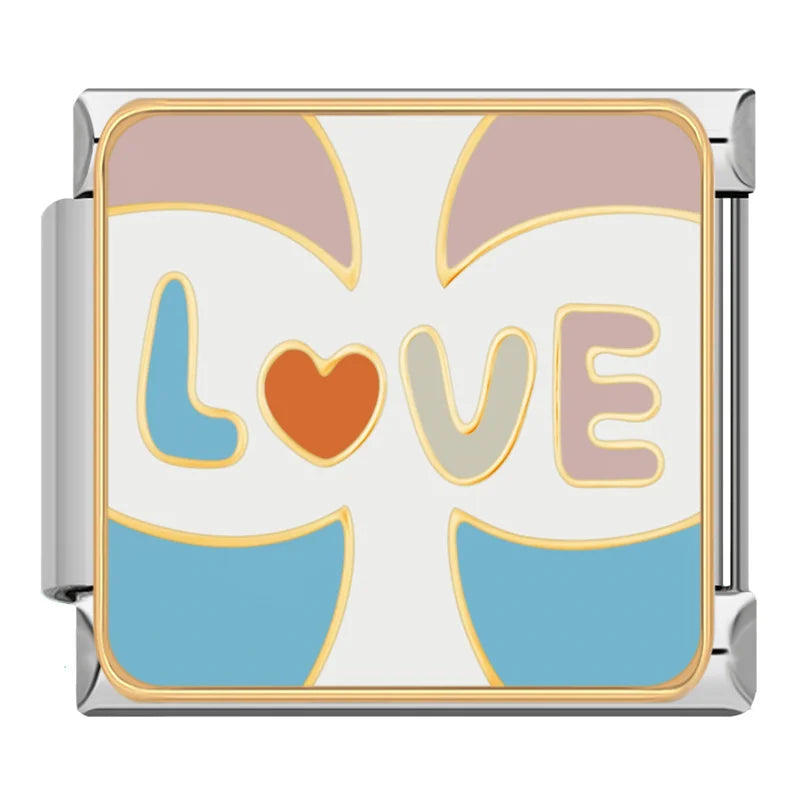 Sweet Romance & Valentine's Symbols Charms – LOVE word enamel charm in pastel blue, orange, tan and pink letters with a heart, Italian charm bracelet charm by Charmtastic