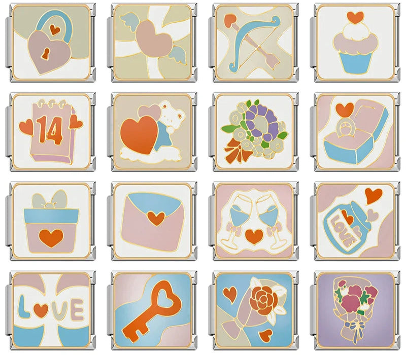 Sweet Romance & Valentine's Symbols Charms – overview of 16 pastel enamel charms: heart padlock, winged heart, bow and arrow, heart cupcake, February 14 calendar, teddy bear with heart, flower bouquet, ring box, gift box, love letter, champagne toast, LOVE jar, LOVE letters, heart key, rose and bouquet, Italian charm bracelet charms by Charmtastic