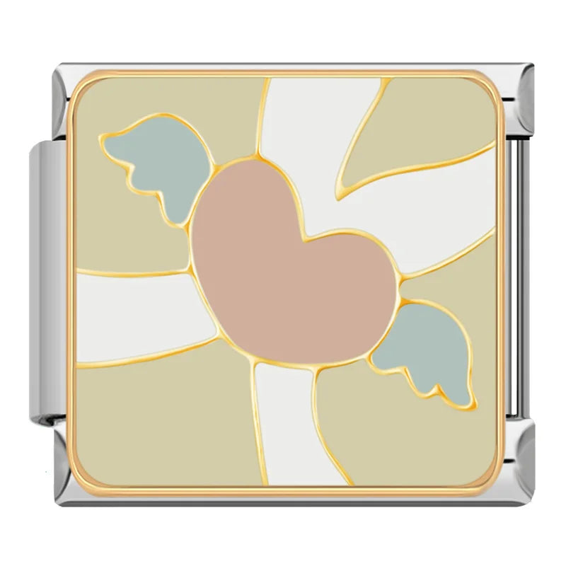 Sweet Romance & Valentine's Symbols Charms – pink winged heart enamel charm on tan and white background, Italian charm bracelet charm by Charmtastic