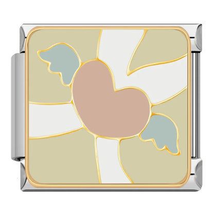 Sweet Romance & Valentine's Symbols Charms – pink winged heart enamel charm on tan and white background, Italian charm bracelet charm by Charmtastic