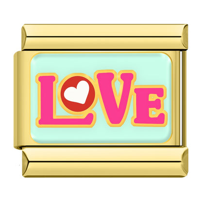 Sweet Valentine's Romance Golden Charms – pink LOVE text with red heart accent on mint background enamel charm, Italian charm bracelet charm by Charmtastic