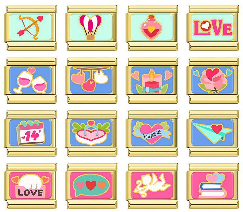 Sweet Valentine's Romance Golden Charms – overview of 16 gold-framed enamel Valentine's charms: cupid's bow, heart hot air balloon, love potion, LOVE text, toasting wine glasses, hanging hearts, candle, rose, February 14 calendar, wedding cake heart, You And Me banner heart, paper airplane, LOVE clouds, chat bubble hearts, cupid, and heart books, Italian charm bracelet charms by Charmtastic