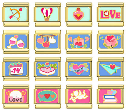 Sweet Valentine's Romance Golden Charms – overview of 16 gold-framed enamel Valentine's charms: cupid's bow, heart hot air balloon, love potion, LOVE text, toasting wine glasses, hanging hearts, candle, rose, February 14 calendar, wedding cake heart, You And Me banner heart, paper airplane, LOVE clouds, chat bubble hearts, cupid, and heart books, Italian charm bracelet charms by Charmtastic
