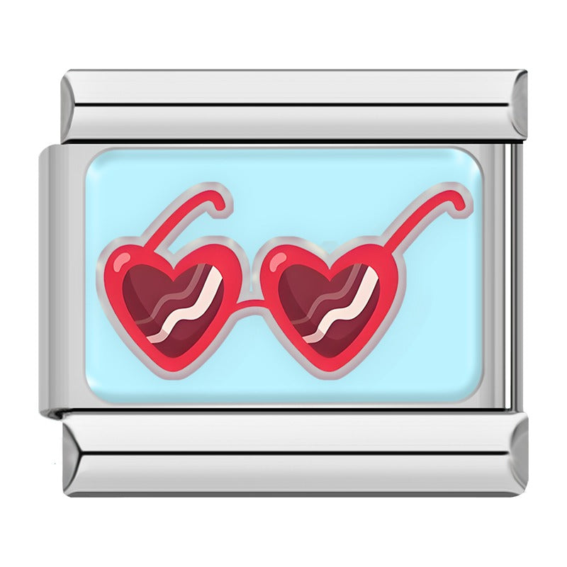Sweet Valentine's & Tasty Treats Italian Charms – pair of red heart-shaped sunglasses on blue background enamel charm, Italian charm bracelet charm by Charmtastic
