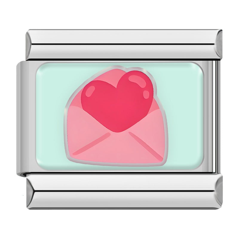 Sweet Valentine's & Tasty Treats Italian Charms – pink envelope with red heart on mint green background enamel charm, Italian charm bracelet charm by Charmtastic