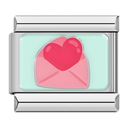 Sweet Valentine's & Tasty Treats Italian Charms – pink envelope with red heart on mint green background enamel charm, Italian charm bracelet charm by Charmtastic