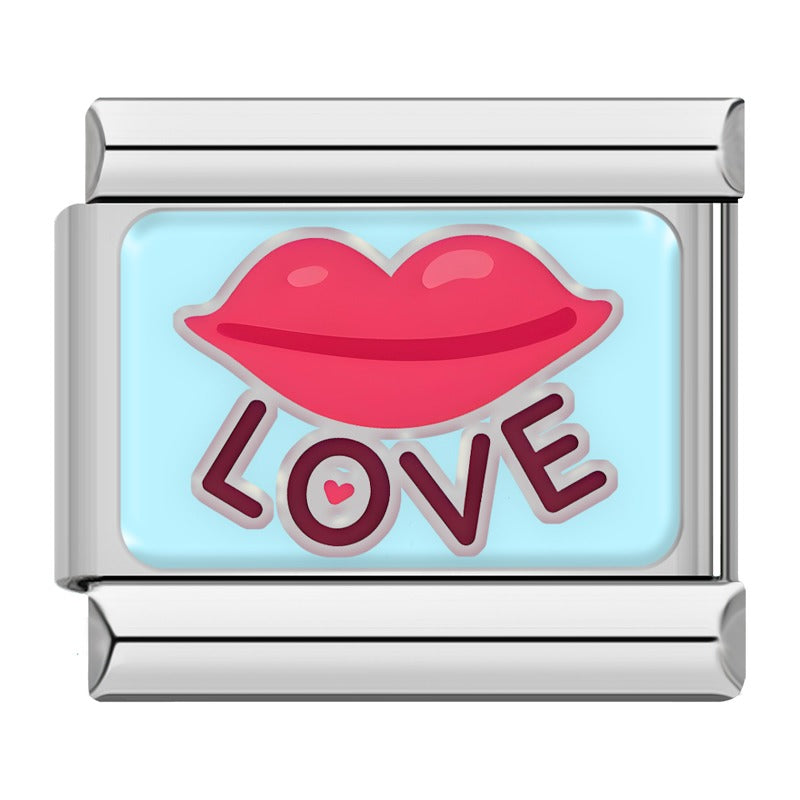 Sweet Valentine's & Tasty Treats Italian Charms – LOVE text below red lips on blue background enamel charm, Italian charm bracelet charm by Charmtastic