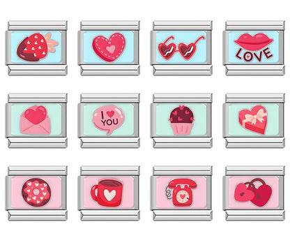 Sweet Valentine's & Tasty Treats Italian Charms – overview of 12 enamel charms: chocolate dipped strawberry, stitched heart, heart sunglasses, LOVE with lips, love letter envelope, I Love You speech bubble, heart cupcake, heart gift box, heart donut, heart mug, rotary phone, and heart padlocks, Italian charm bracelet charms by Charmtastic
