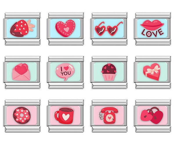 Sweet Valentine's & Tasty Treats Italian Charms – overview of 12 enamel charms: chocolate dipped strawberry, stitched heart, heart sunglasses, LOVE with lips, love letter envelope, I Love You speech bubble, heart cupcake, heart gift box, heart donut, heart mug, rotary phone, and heart padlocks, Italian charm bracelet charms by Charmtastic