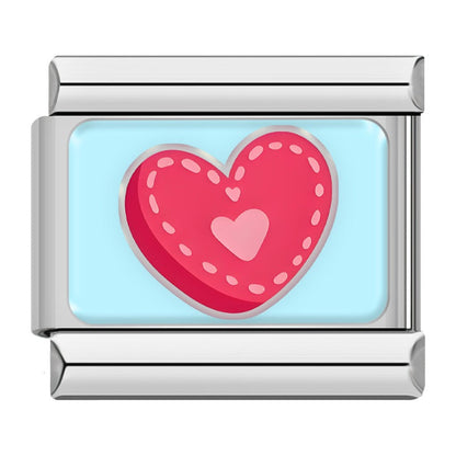 Sweet Valentine's & Tasty Treats Italian Charms – red stitched heart with small pink heart on blue background enamel charm, Italian charm bracelet charm by Charmtastic