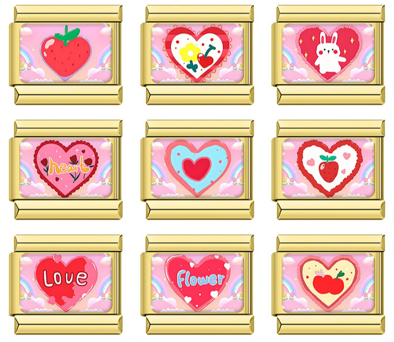 A set of 9 whimsical heart-shaped Italian charms on gold 9mm modular links featuring bunnies, strawberries, and rainbows - Charmtastic