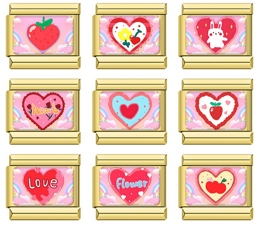 A set of 9 whimsical heart-shaped Italian charms on gold 9mm modular links featuring bunnies, strawberries, and rainbows - Charmtastic