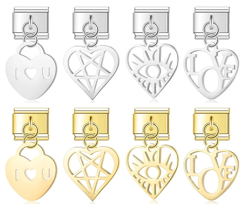 A collection of 8 dangle Italian charms on silver and gold 9mm modular links featuring cut-out hearts with pentagram, evil eye, padlock, and LOVE text designs - Charmtastic