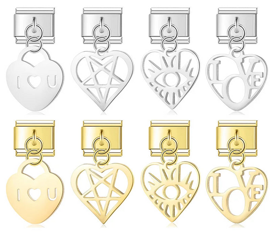 A collection of 8 dangle Italian charms on silver and gold 9mm modular links featuring cut-out hearts with pentagram, evil eye, padlock, and LOVE text designs - Charmtastic