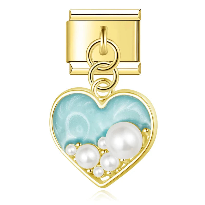 Teal marble pearl heart dangle gold Italian charm, by Charmtastic
