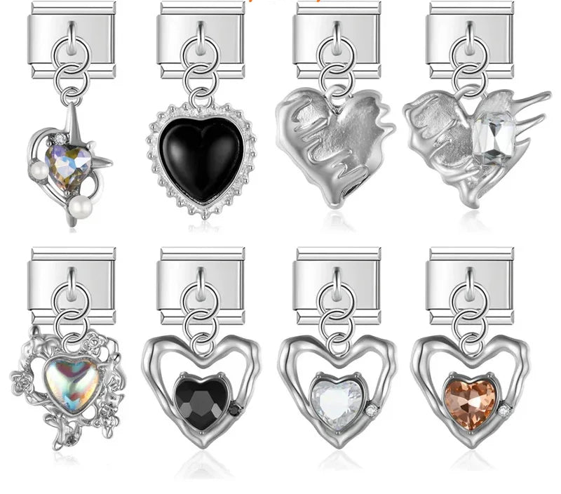 A collection of 9mm silver Italian charms featuring textured heart dangles. Includes wavy open wire hearts with faceted crystals, a sculpted Mum heart, and intricate floral frames with iridescent stones