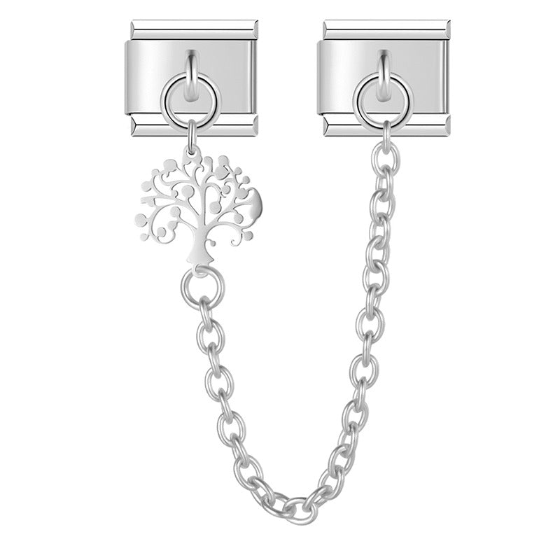 9mm Italian charm bracelet safety chains in silver and gold, featuring two base links connected by a chain, with dangle charms including a tree of life, anchor, dragonfly, palm tree, airplane, cross, snowflake, and cat.