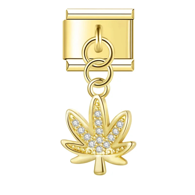 Gold cannabis leaf CZ dangle Italian charm, by Charmtastic