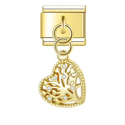 Gold heart Tree of Life CZ dangle Italian charm, by Charmtastic