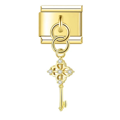 Gold key CZ dangle Italian charm, by Charmtastic