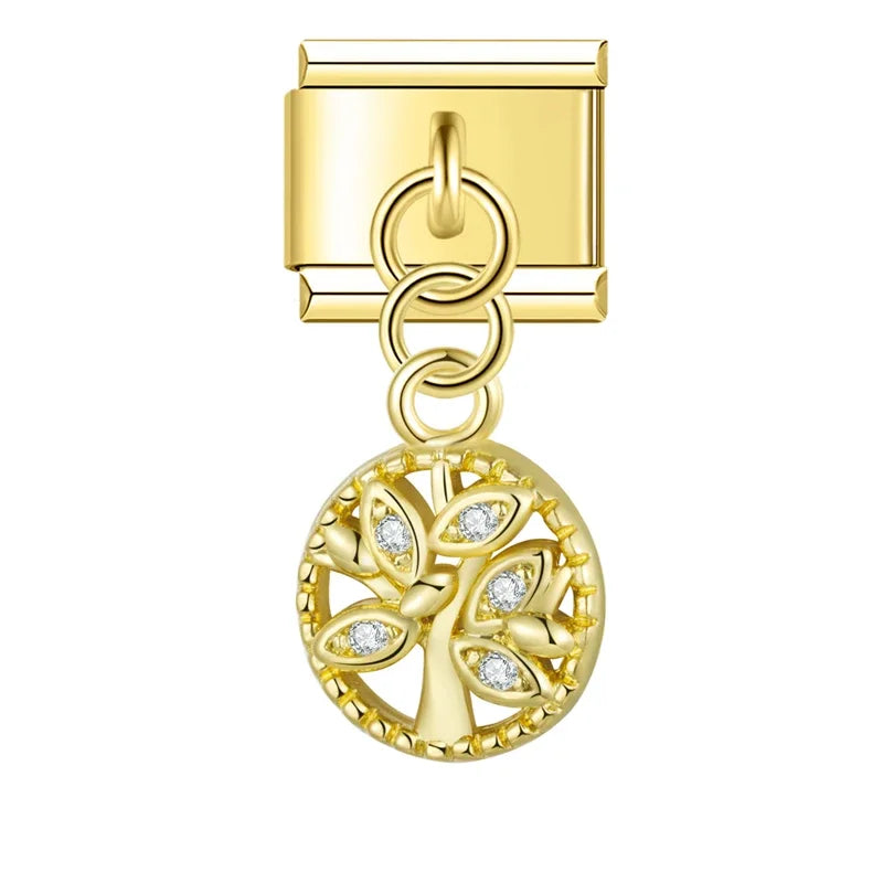 Gold round Tree of Life CZ dangle Italian charm, by Charmtastic