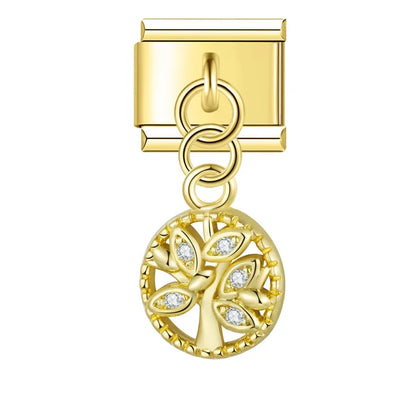 Gold round Tree of Life CZ dangle Italian charm, by Charmtastic