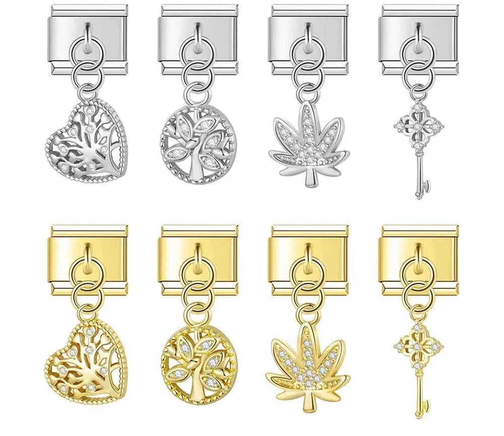Tree of Life, key and leaf CZ dangle Italian charms collection, by Charmtastic