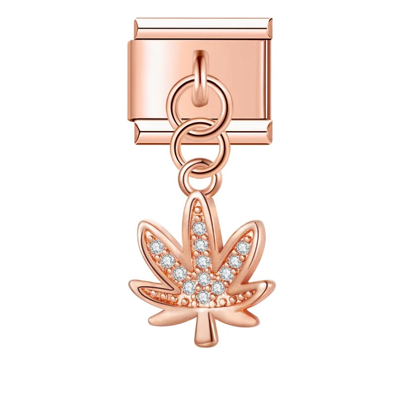 Rose gold cannabis leaf CZ dangle Italian charm, by Charmtastic