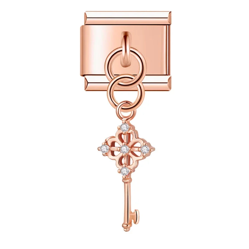 Rose gold key CZ dangle Italian charm, by Charmtastic