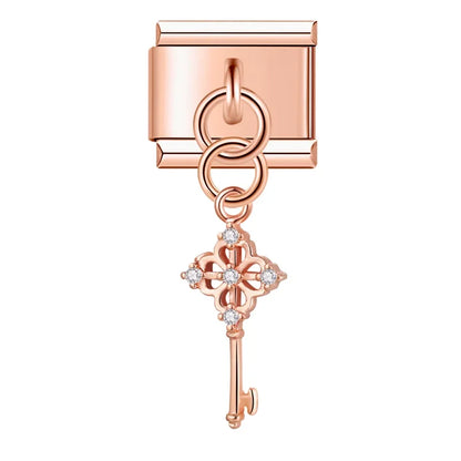 Rose gold key CZ dangle Italian charm, by Charmtastic