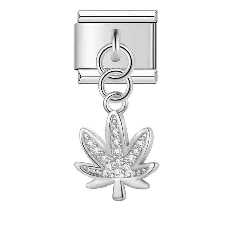 Silver cannabis leaf CZ dangle Italian charm, by Charmtastic