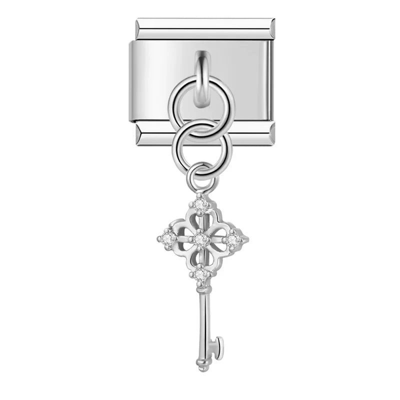 Silver key CZ dangle Italian charm, by Charmtastic