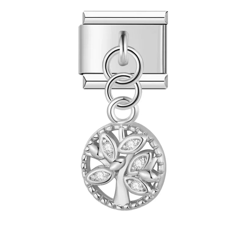 Silver round Tree of Life CZ dangle Italian charm, by Charmtastic