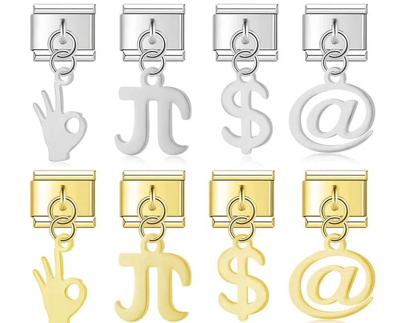 A set of 8 symbol dangle Italian charms on silver and gold 9mm modular links featuring an OK hand, Pi, Dollar, and At sign silhouettes - Charmtastic