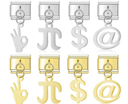 A set of 8 symbol dangle Italian charms on silver and gold 9mm modular links featuring an OK hand, Pi, Dollar, and At sign silhouettes - Charmtastic