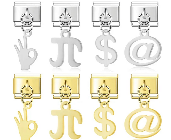 A set of 8 symbol dangle Italian charms on silver and gold 9mm modular links featuring an OK hand, Pi, Dollar, and At sign silhouettes - Charmtastic