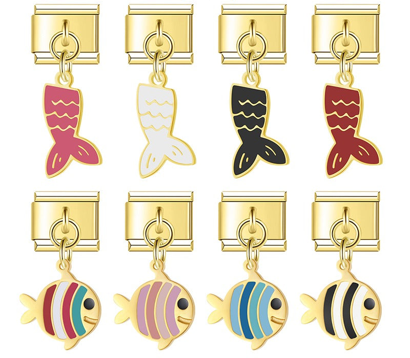 9mm gold Italian charm bracelet link featuring vibrant enamel tropical fish and mermaid tail dangles for personalized nautical jewelry.